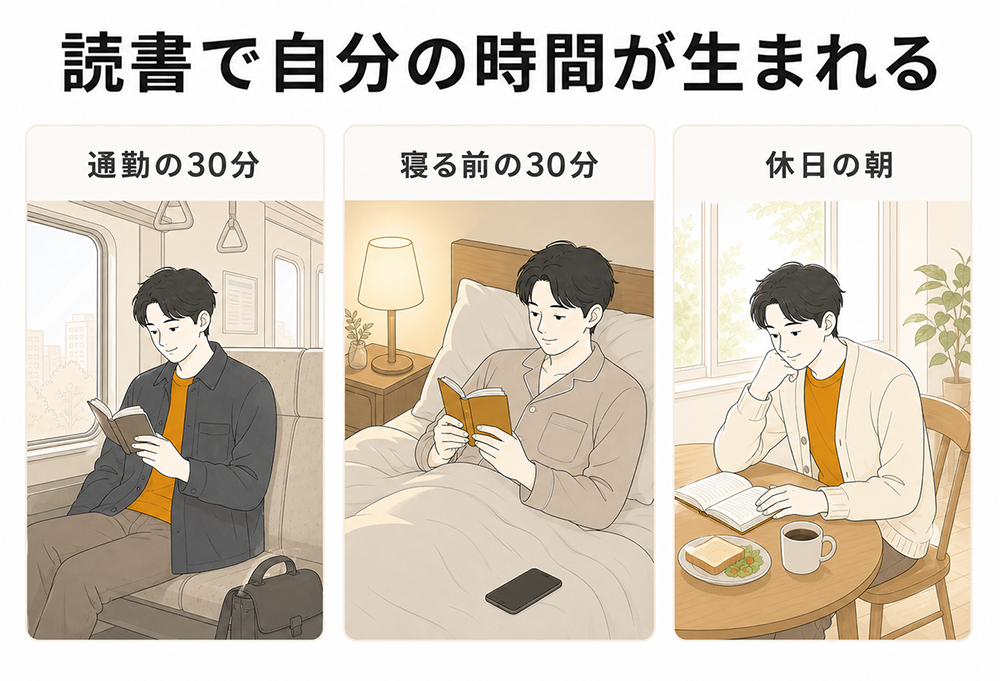 通勤の30分、寝る前の30分、休日の朝に読書する3つの場面を示すイラスト。