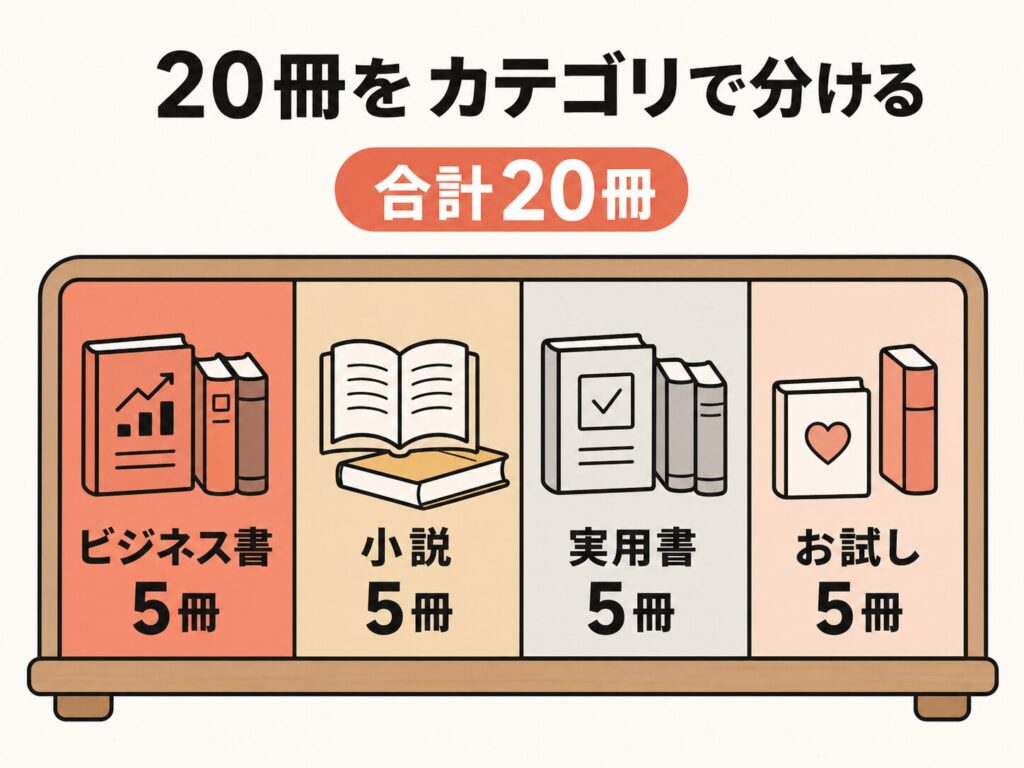 Kindle Unlimitedのライブラリ20冊をカテゴリ配分した図解。ビジネス書5冊、小説5冊、実用書5冊、お試し5冊の合計20冊