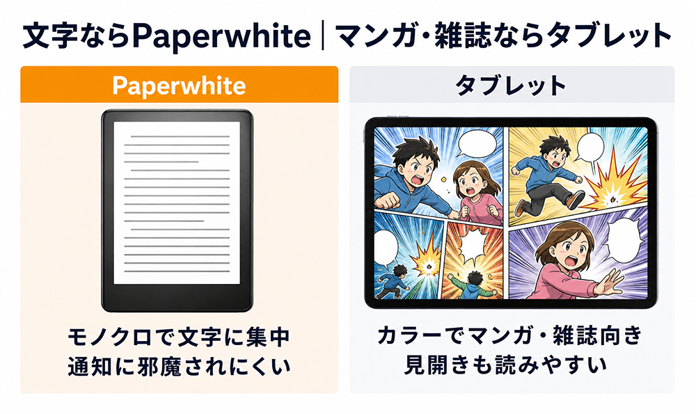 読書端末の使い分け。文字中心の本はモノクロで文字に集中でき通知にも邪魔されにくいPaperwhite、マンガ・雑誌はカラーで見開きも読みやすいタブレットが向く。