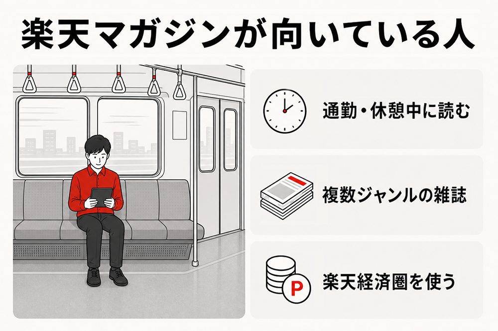 楽天マガジンが向いている人。通勤・休憩中に読みたい人、複数ジャンルの雑誌を読みたい人、楽天経済圏を利用している人