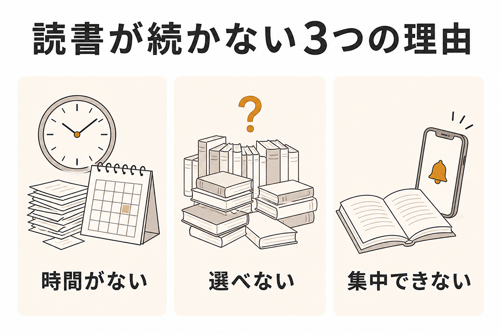 読書が続かない理由として、時間がない、選べない、集中できないという3つを示す図。