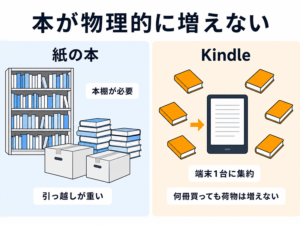 紙の本とKindleの収納比較。紙の本は本棚が必要で引っ越しが重くなる一方、Kindleは何冊買っても端末1台に集約でき、荷物が増えない。