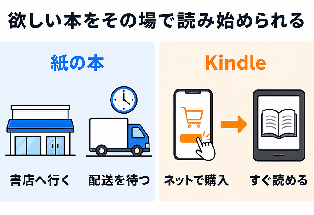 紙の本とKindleの読み始めるまでの比較。紙の本は書店へ行くか配送を待つ必要があるが、Kindleはネットで購入すればすぐ読める。