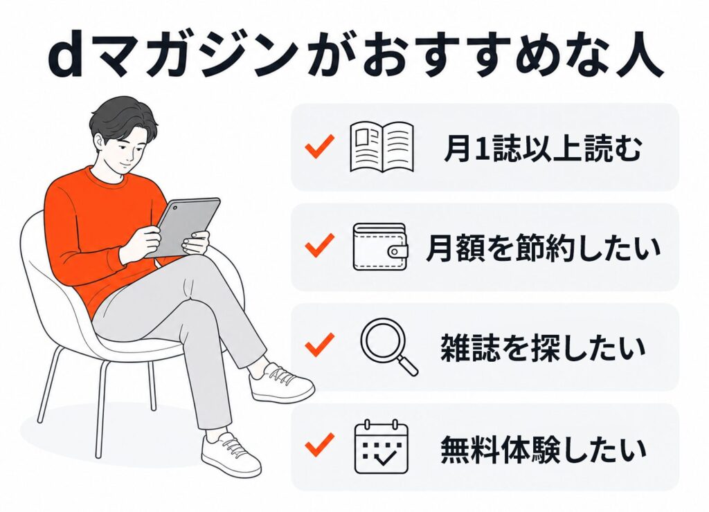 dマガジンがおすすめな人のまとめ。月1誌以上読む、月額を節約したい、雑誌を探したい、無料体験したい人に向いている