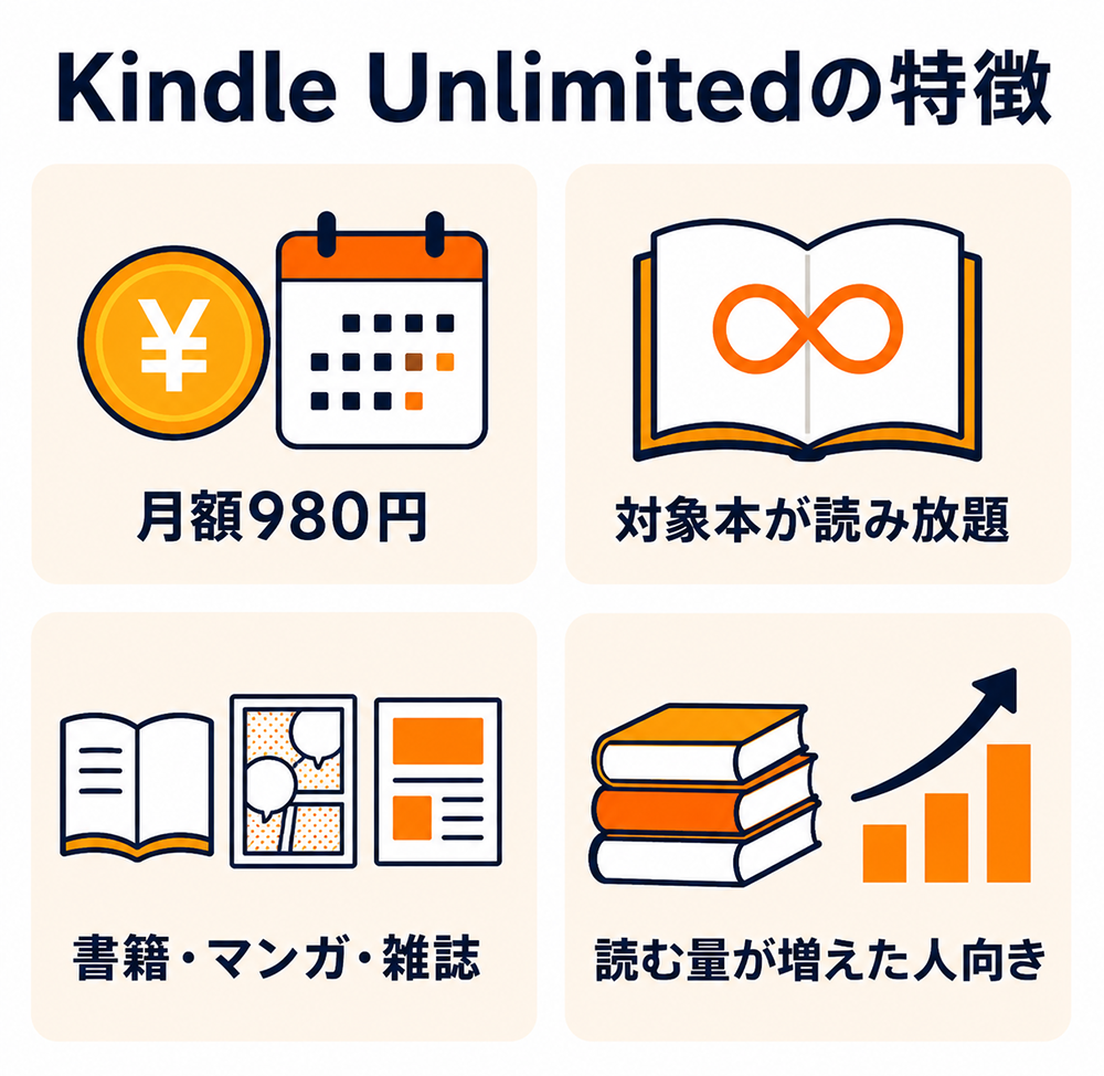 Kindle Unlimitedの特徴。月額980円で対象本が読み放題。書籍・マンガ・雑誌を読め、読書量が多い人に向く。