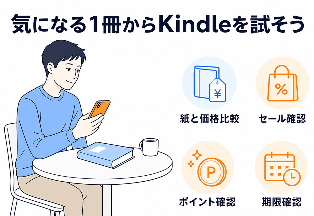 気になる1冊からKindleを試すことを勧める図。紙の本と価格比較、セール確認、ポイント確認、ポイントの期限確認を行う。