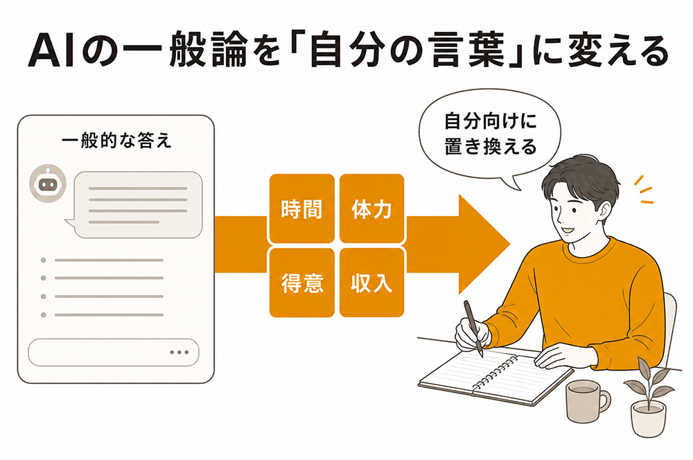 AIの一般的な答えを時間、体力、得意、収入など自分の条件に置き換え、自分の言葉に変える流れを示す図。