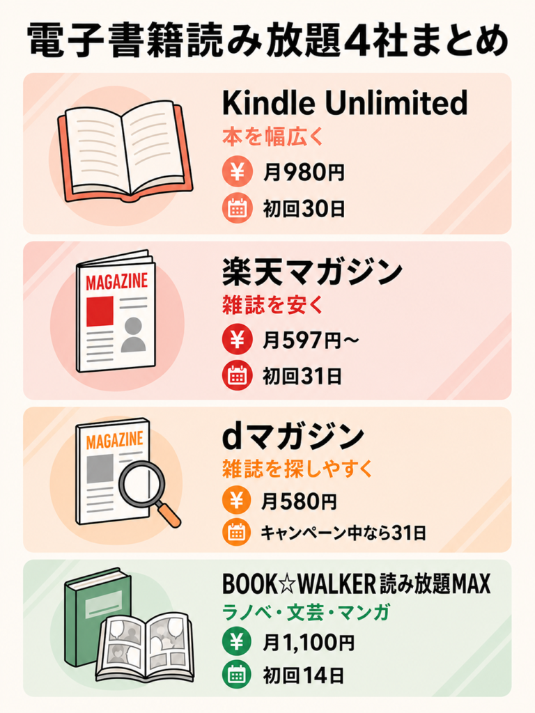 電子書籍読み放題4社のまとめ。Kindle Unlimitedは本を幅広く読めて月980円・初回30日、楽天マガジンは雑誌を安く読めて月597円から・初回31日、dマガジンは雑誌を探しやすく月580円・キャンペーン中は初回31日、BOOK☆WALKER読み放題MAXはラノベ・文芸・マンガ向けで月1,100円・初回14日間無料