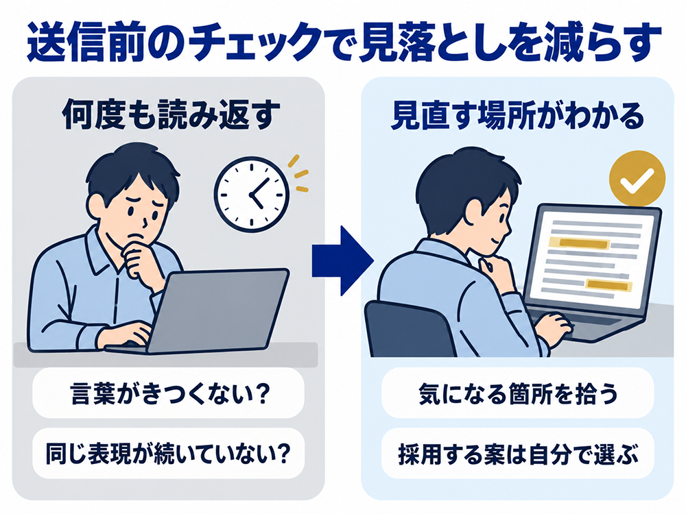 送信前の文章チェックで、言葉のきつさや表現の繰り返しなど、見直す箇所を把握して見落としを減らす。採用する修正案は自分で選ぶ。