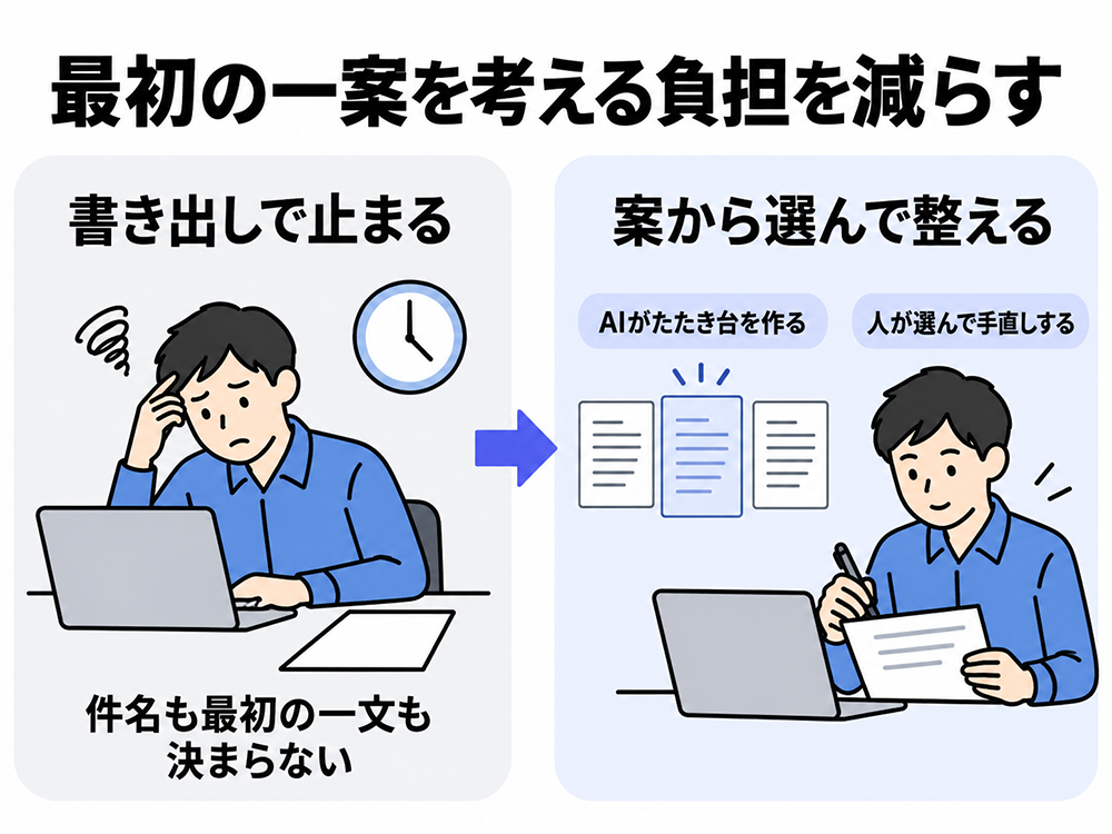 書き出しに悩む状態から、AIが作ったたたき台を人が選んで手直しする進め方へ。最初の一案を考える負担を減らす。