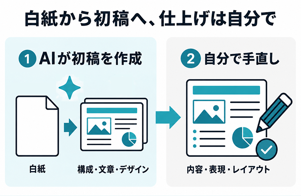 白紙からAIが構成・文章・デザインを含む初稿を作成し、利用者が内容・表現・レイアウトを手直しして仕上げる流れ。