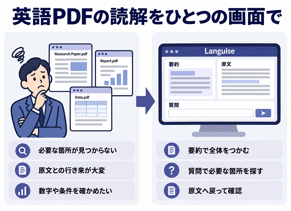 英語PDFで必要な箇所を探し、原文を確認する悩みを、Languiseの要約・文書への質問・原文確認で解決する流れ。