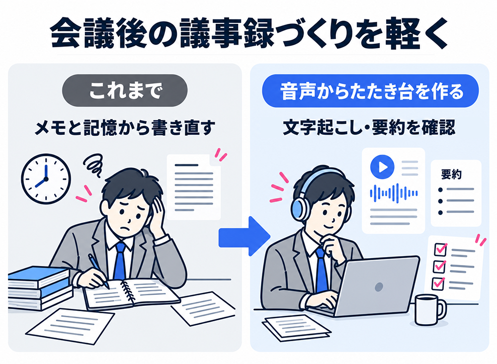 会議後の議事録作成の比較。メモと記憶から書き直す方法から、音声をもとに作った文字起こし・要約を確認する方法へ。