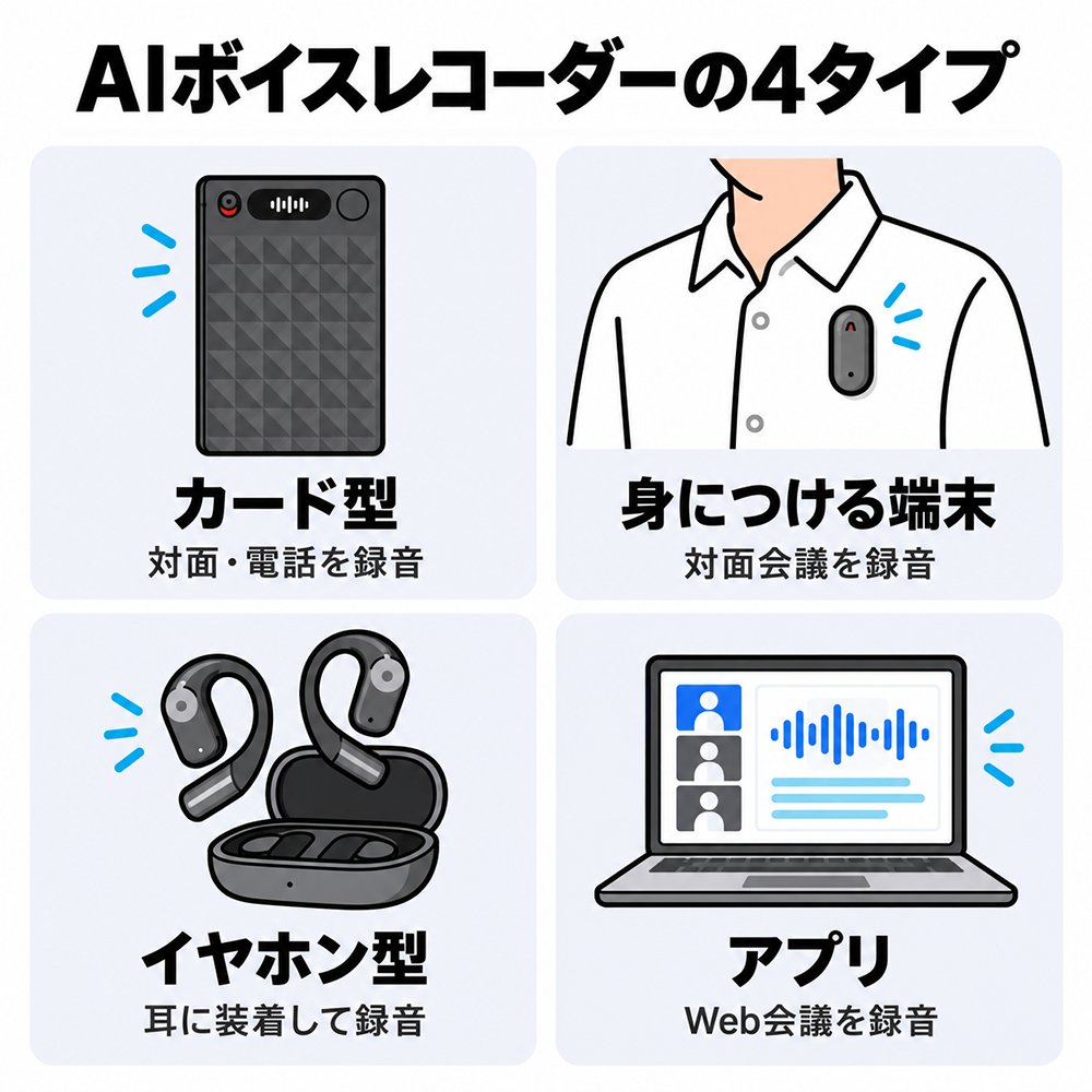 AIボイスレコーダーの4タイプ。対面・電話を録音するカード型、対面会議を録音する装着型、耳につけて録音するイヤホン型、Web会議を録音するアプリ。