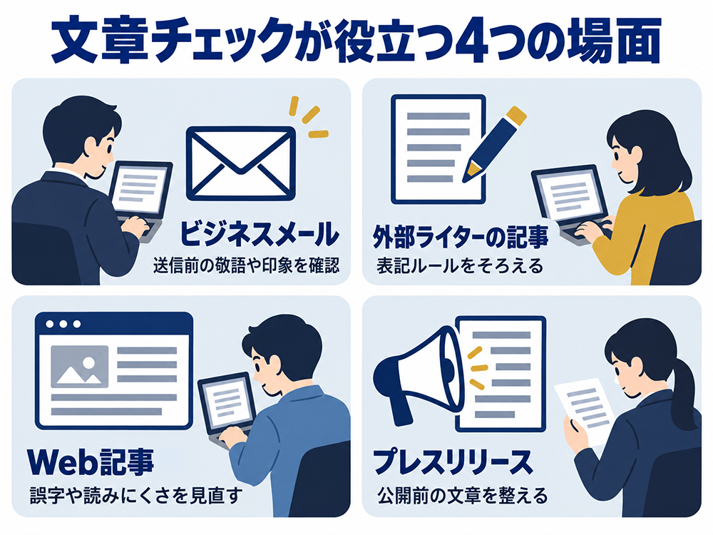 文章チェックが役立つ4つの場面。ビジネスメールの敬語や印象の確認、外部ライターの記事の表記統一、Web記事の誤字や読みにくさの見直し、プレスリリースの公開前の調整。
