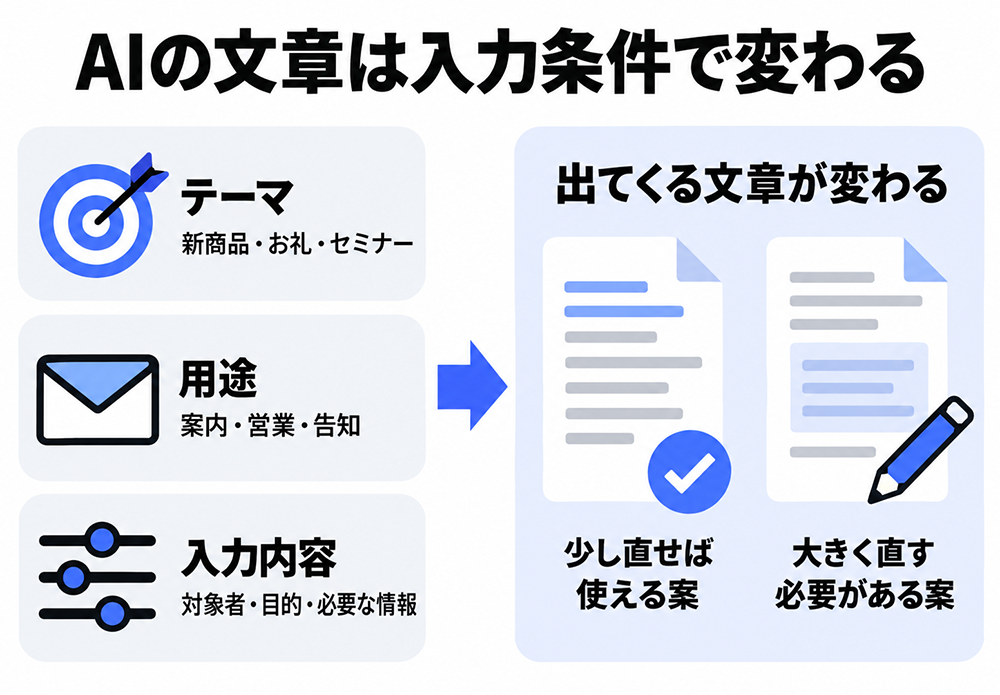 AIが生成する文章は、テーマ・用途・対象者や目的などの入力内容によって変わり、少しの修正で使える案も、大きな修正が必要な案もある。