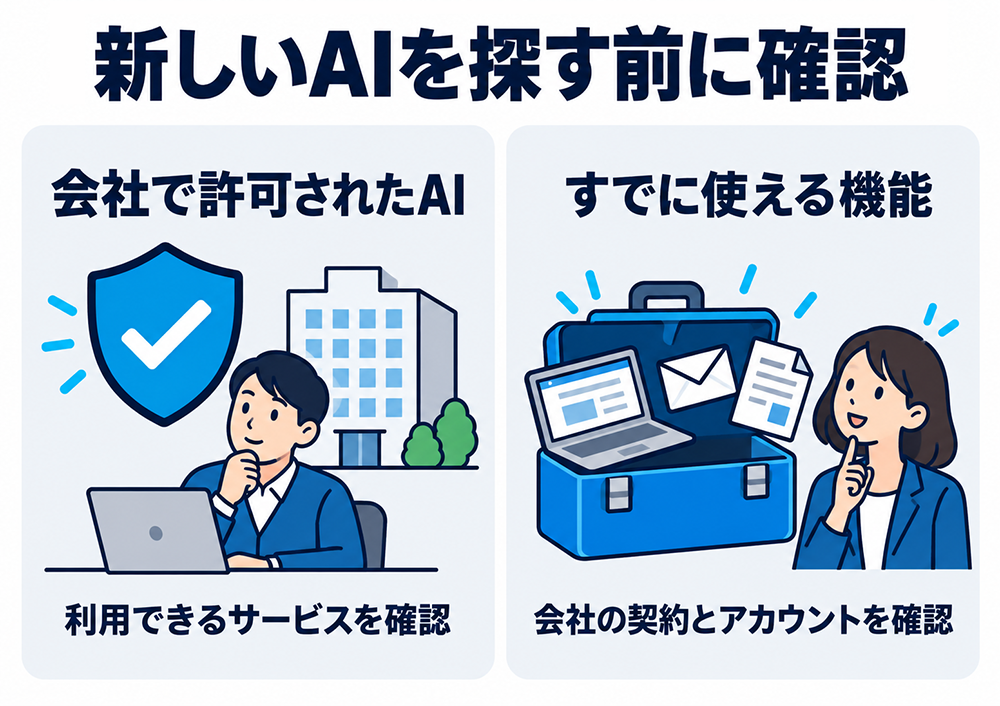 新しいAIを探す前に、会社で利用が許可されたサービスと、会社の契約・アカウントですでに使える機能を確認する。