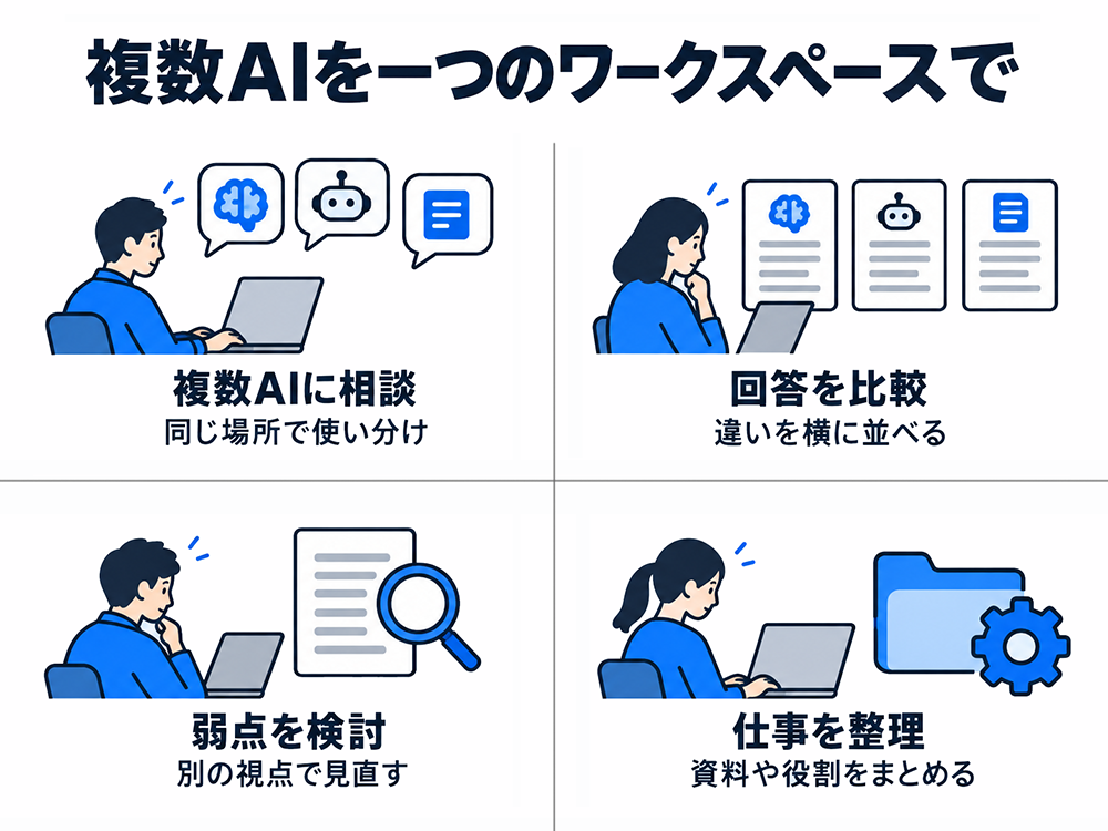複数AIを1つのワークスペースで使い、相談、回答の比較、別視点からの弱点検討、仕事の資料や役割の整理を行う4つの用途を示した図。