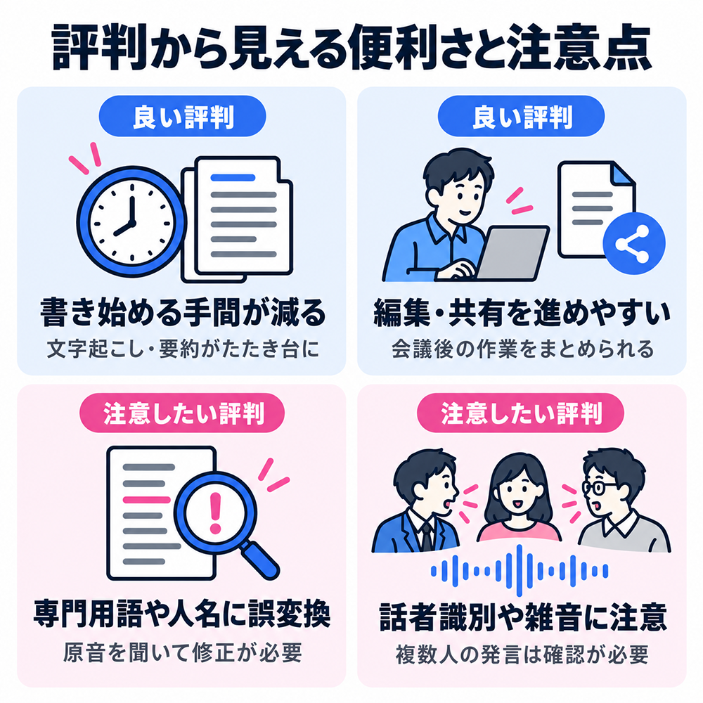 Nottaの評判から見る利点と注意点。文字起こし・要約で書き始める手間が減り、編集・共有がしやすい一方、専門用語や人名の誤変換、話者識別、雑音には確認が必要。