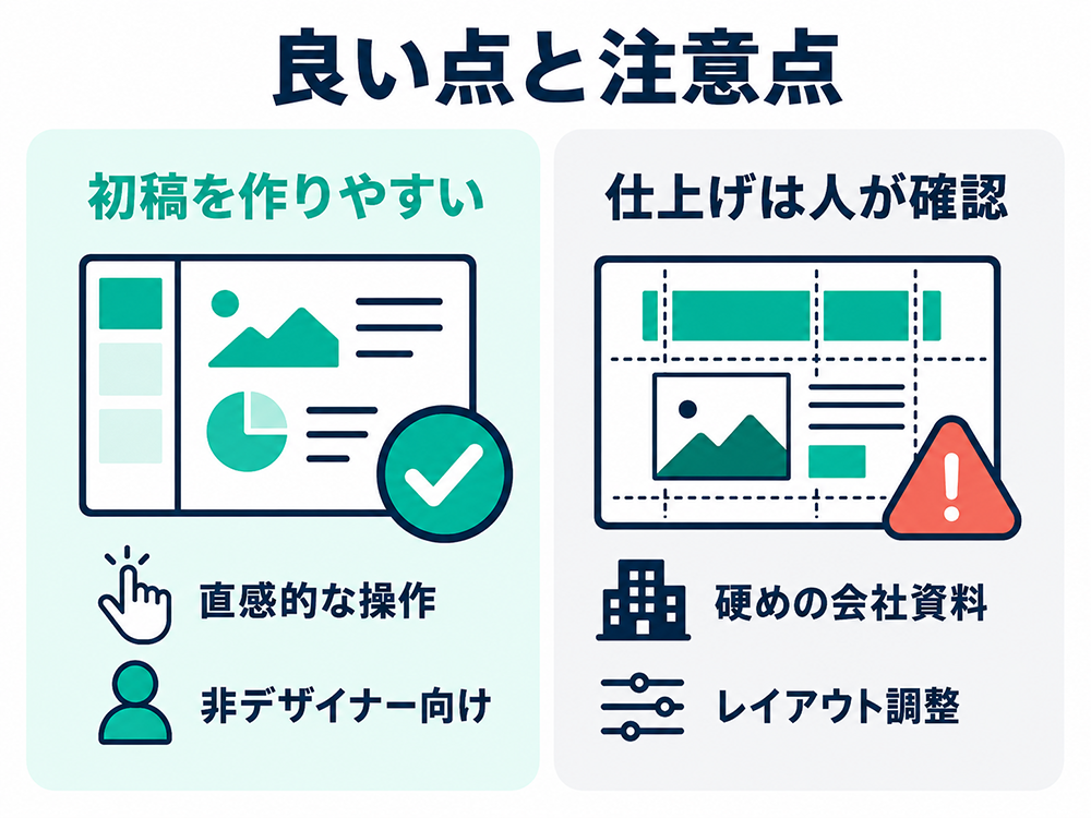 MiriCanvasの良い点(初稿を作りやすい、直感的な操作、非デザイナー向け)と、注意点(仕上げは人が確認、硬めの会社資料ではレイアウト調整が必要)を対比した図。