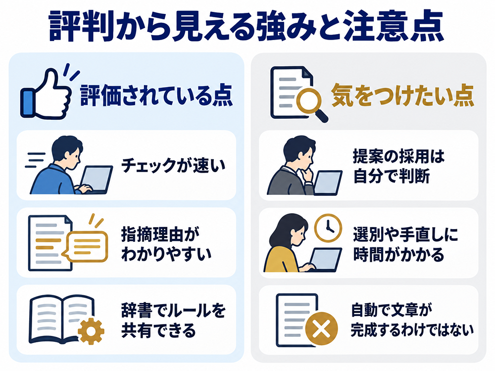 文賢の評判から見る強みと注意点。チェックの速さ、指摘理由のわかりやすさ、辞書によるルール共有が強み。提案の選別や手直しには時間がかかり、採用は自分で判断する。