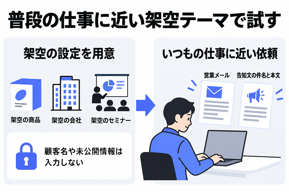 架空の商品・会社・セミナーを設定し、普段の仕事に近い営業メールや告知文の作成を試す。顧客名や未公開情報は入力しない。