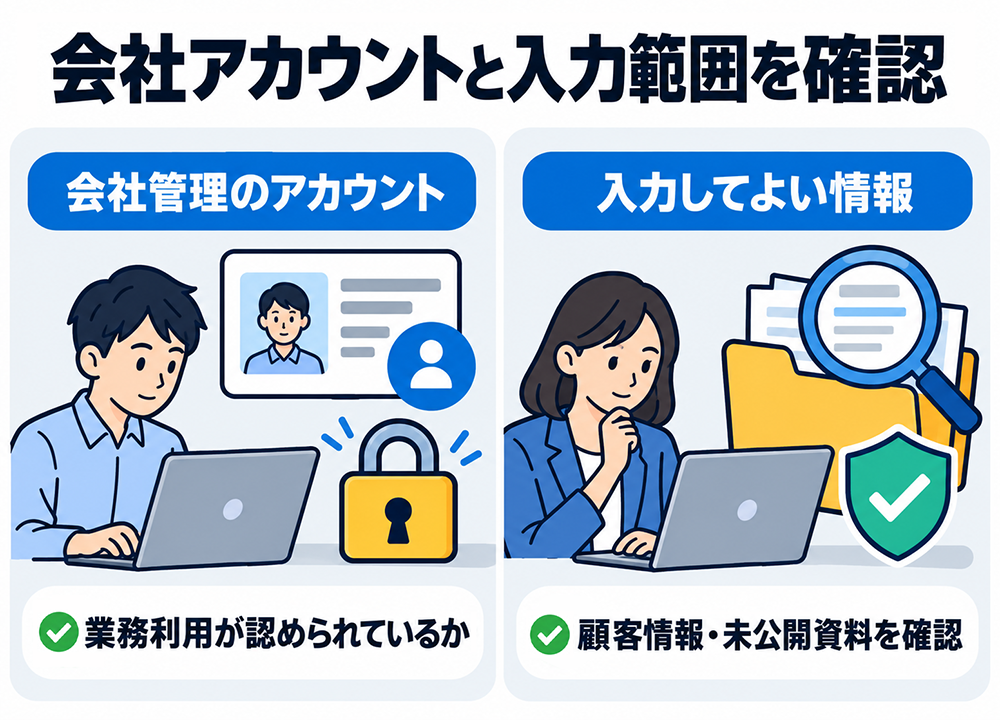 AIの業務利用前に、会社管理のアカウントで業務利用が認められているか、顧客情報や未公開資料をどこまで入力してよいかを確認する。
