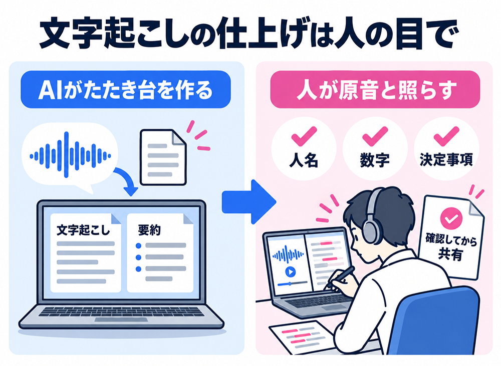 AIが文字起こしと要約のたたき台を作り、人が人名・数字・決定事項を原音と照合してから共有する流れ。