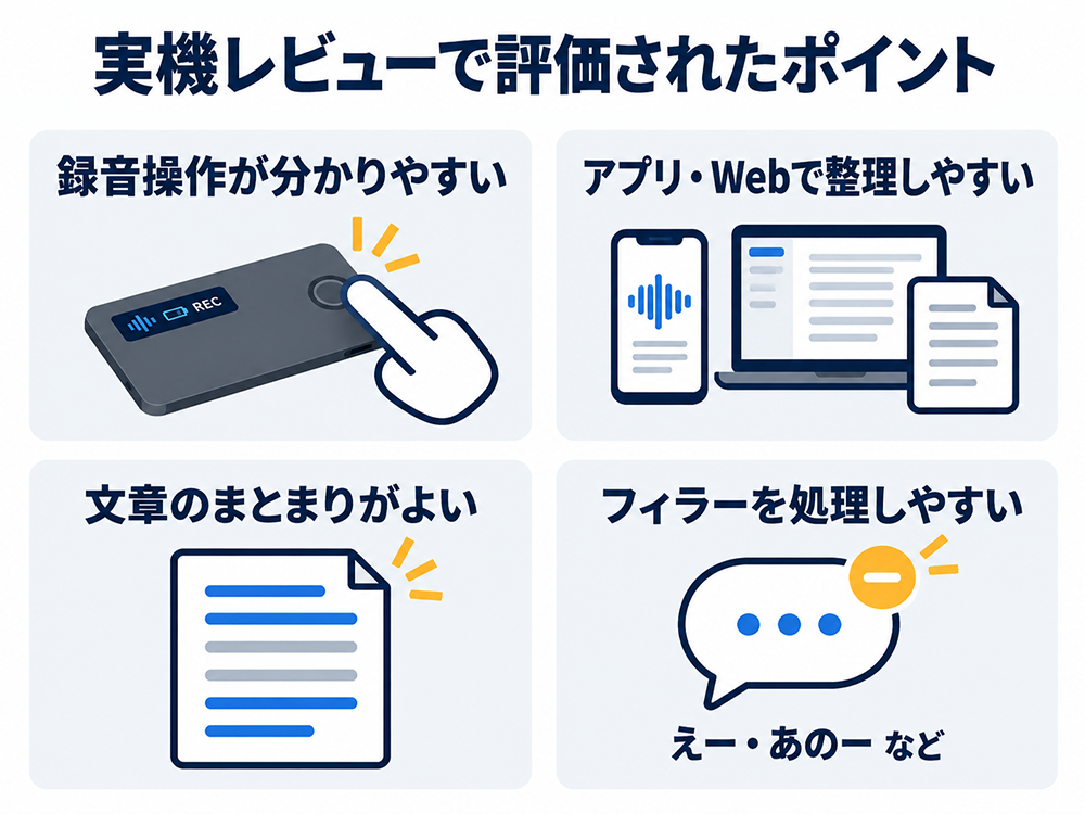 Notta Memoの実機レビューで評価された4点。録音操作が分かりやすい、アプリ・Webで整理しやすい、文章のまとまりがよい、「えー」「あのー」などのフィラーを処理しやすい
