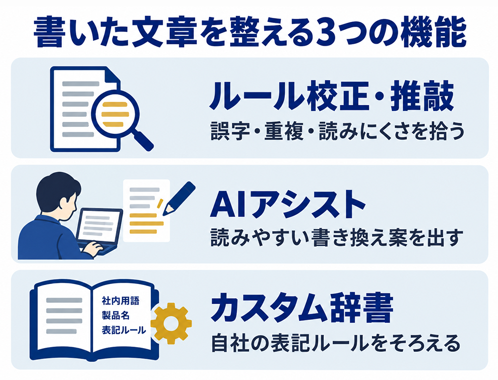 文賢の3つの機能。ルール校正・推敲で誤字や重複、読みにくさを確認し、AIアシストで書き換え案を得て、カスタム辞書で自社の表記ルールをそろえる。