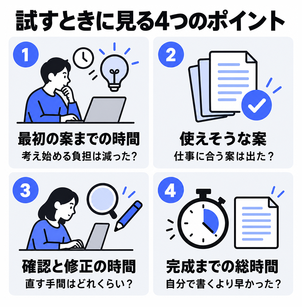 AI文章作成を試すときの4つの確認点。最初の案までの時間、仕事に合う案が出たか、確認と修正の時間、完成までの総時間を見る。