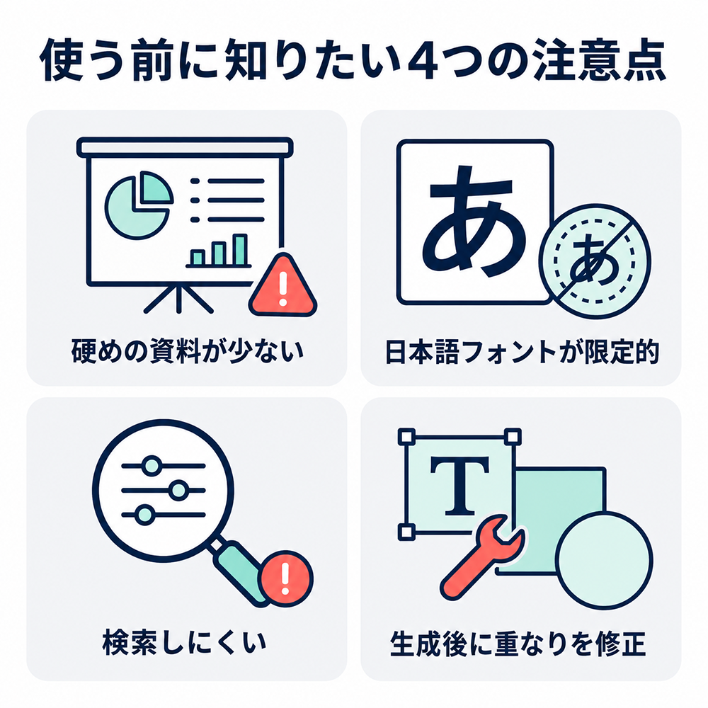 使う前に知りたい4つの注意点として、硬めの資料が少ないこと、日本語フォントが限定的なこと、検索しにくいこと、生成後に細かな修正が必要なことを示す図。