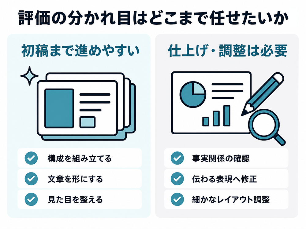 AIには構成・文章・見た目の初稿作成を任せやすい一方、事実確認、表現修正、細かなレイアウト調整は人が担うことを示す図。