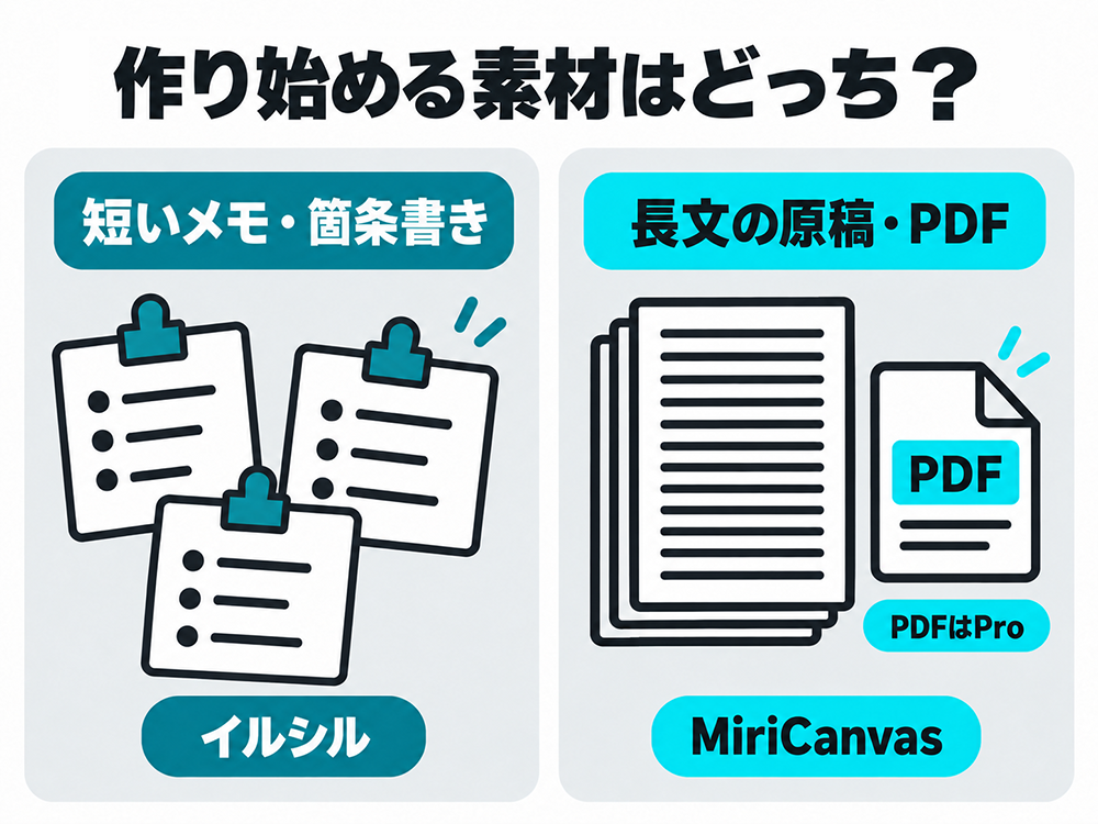 スライド作成の入力素材で比較。短いメモや箇条書きならイルシル、長文の原稿やPDFならMiriCanvas。PDF入力はProプラン。