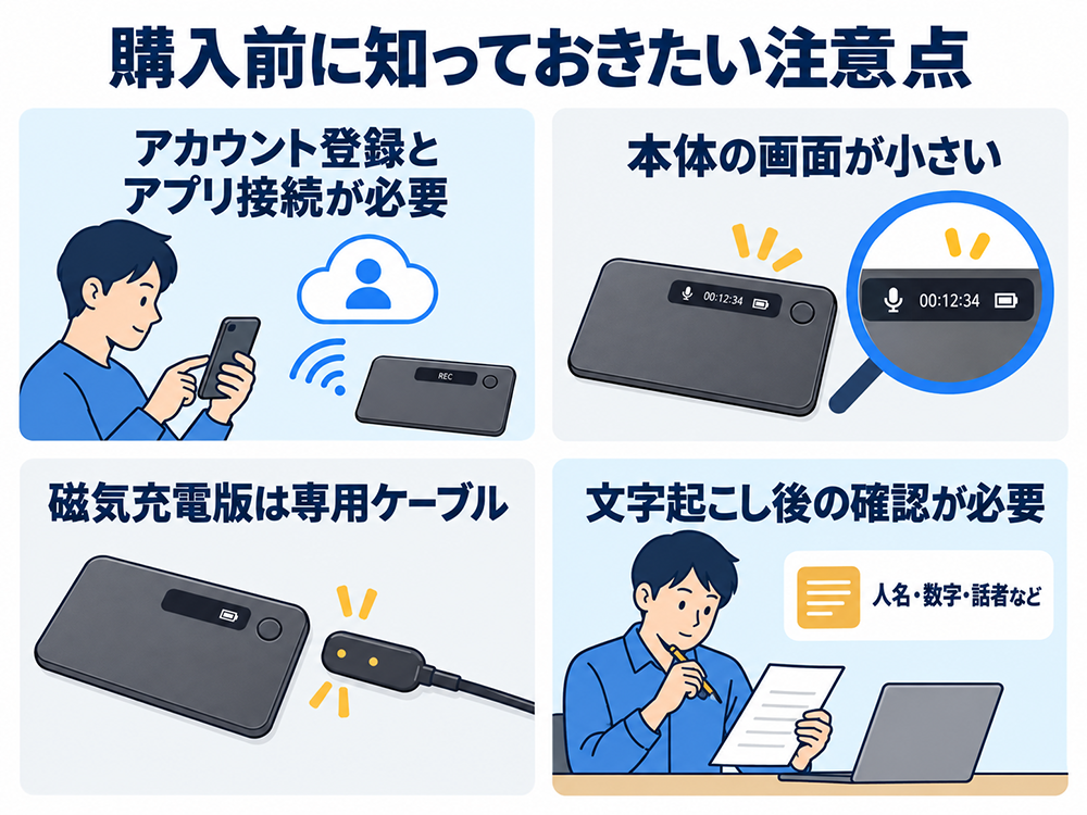 Notta Memo購入前の注意点。アカウント登録とアプリ接続が必要、本体画面が小さい、磁気充電版には専用ケーブルが必要、文字起こし後は人名・数字・話者などの確認が必要。