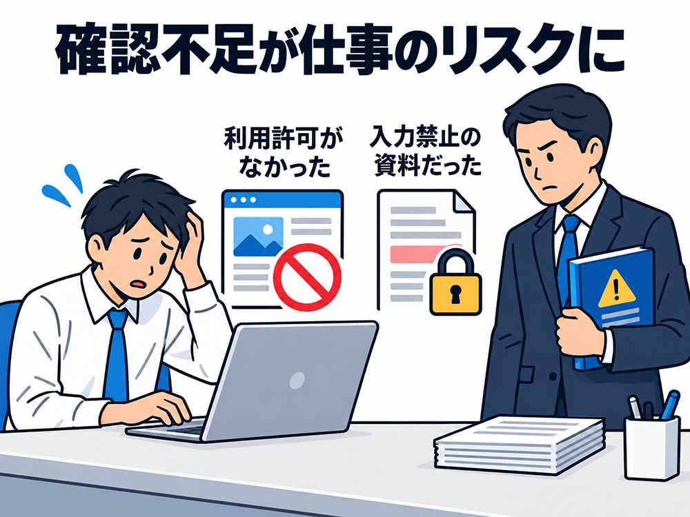 AIの利用許可や入力する資料の確認を怠り、許可のないサービスや入力禁止の資料を使って困る会社員。確認不足が仕事のリスクにつながる。