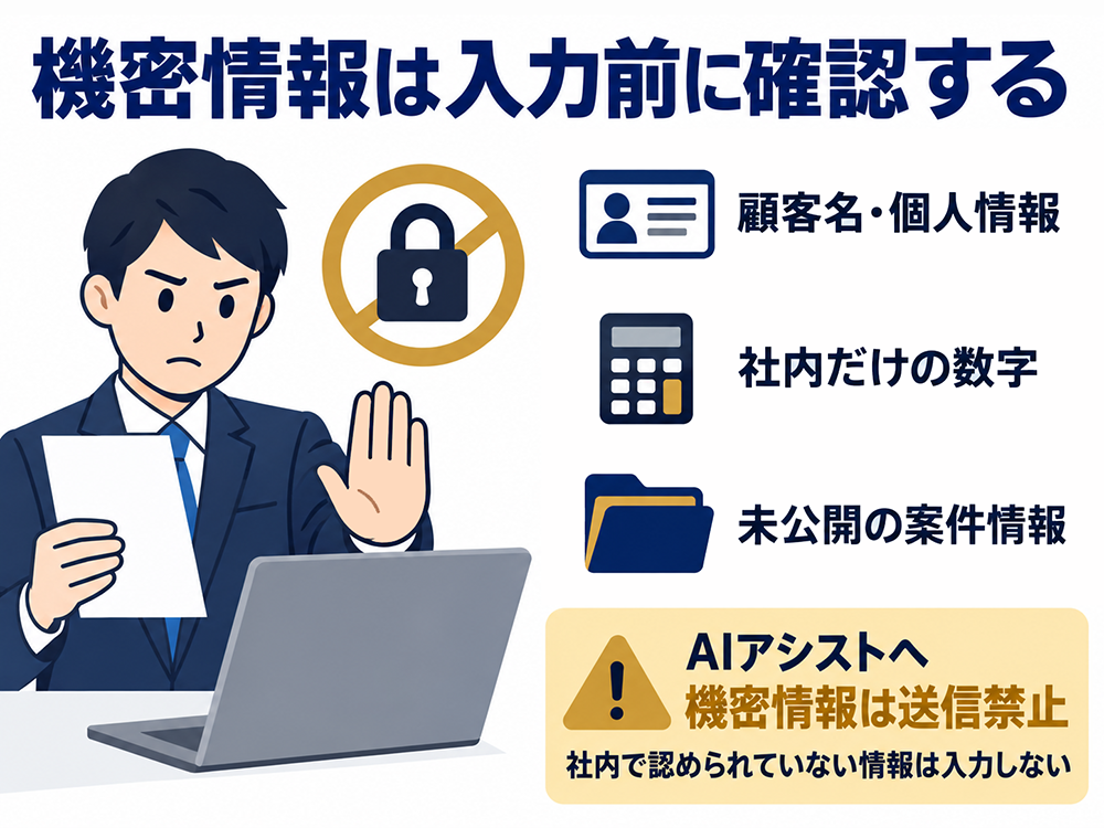 文賢への入力前に、顧客名・個人情報、社内だけの数字、未公開の案件情報を確認する。AIアシストへの機密情報の送信は禁止されており、社内で認められていない情報は入力しない。
