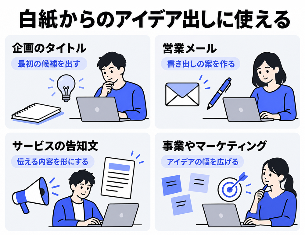 白紙からのアイデア出しに使える4つの場面。企画タイトルの候補、営業メールの書き出し、サービスの告知文、事業やマーケティングのアイデア。