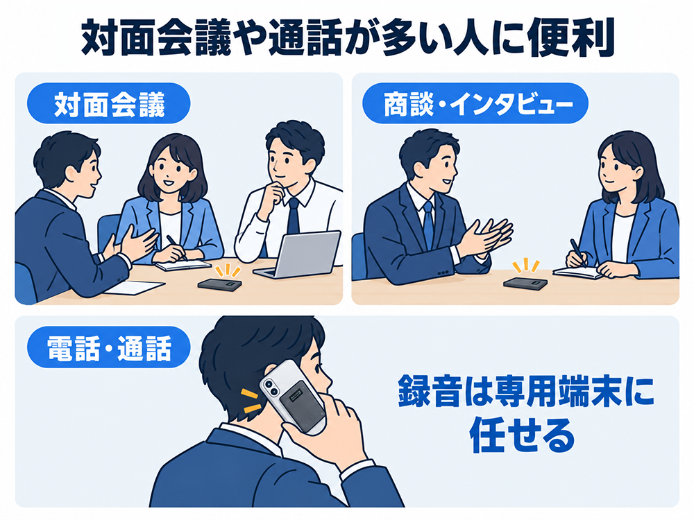 Notta Memoの活用場面は、対面会議、商談・インタビュー、電話・通話。専用端末に録音を任せられる。