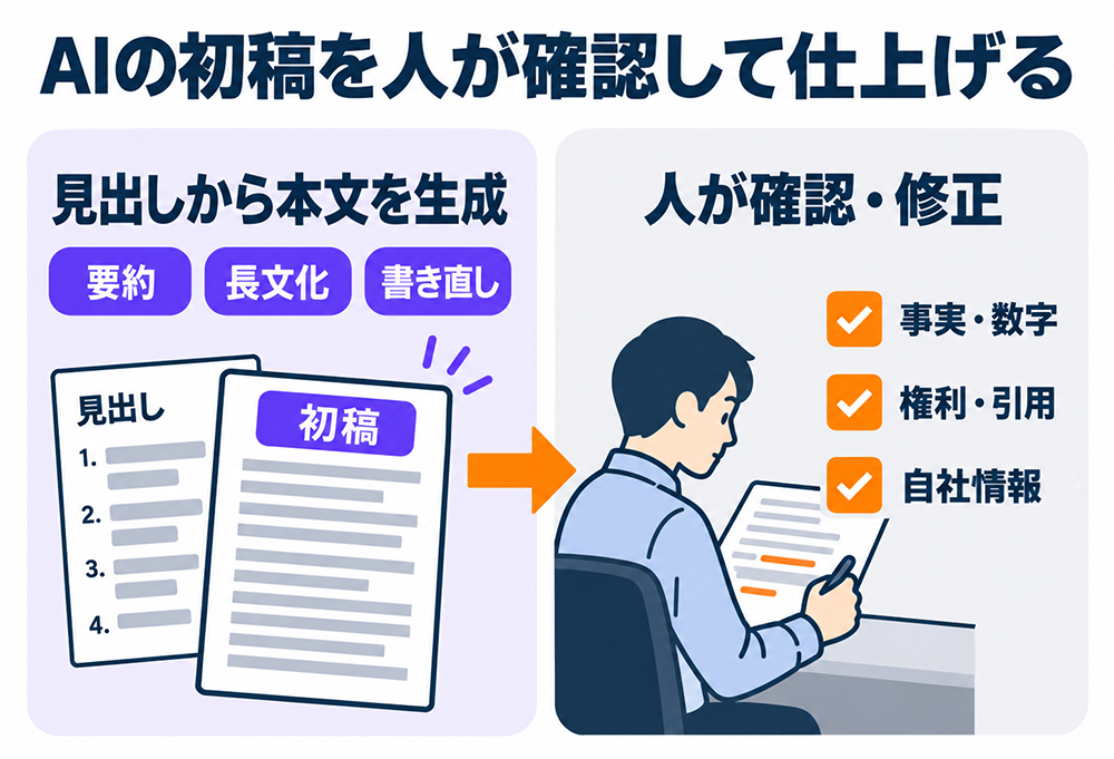 AIが見出しから本文を生成し、要約・長文化・書き直しを支援。人が事実・数字、権利・引用、自社情報を確認・修正して記事を仕上げる。