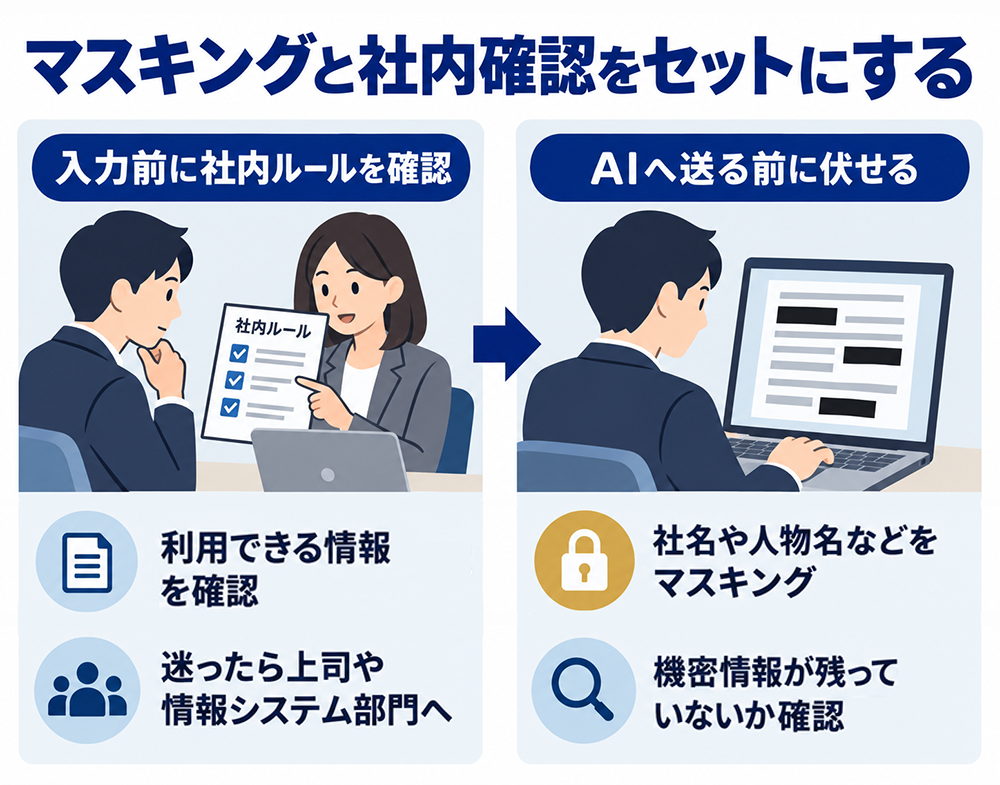 入力前に社内ルールと利用できる情報を確認し、迷ったら上司や情報システム部門へ相談する。AIへ送る前に社名や人物名をマスキングし、機密情報が残っていないか確認する。