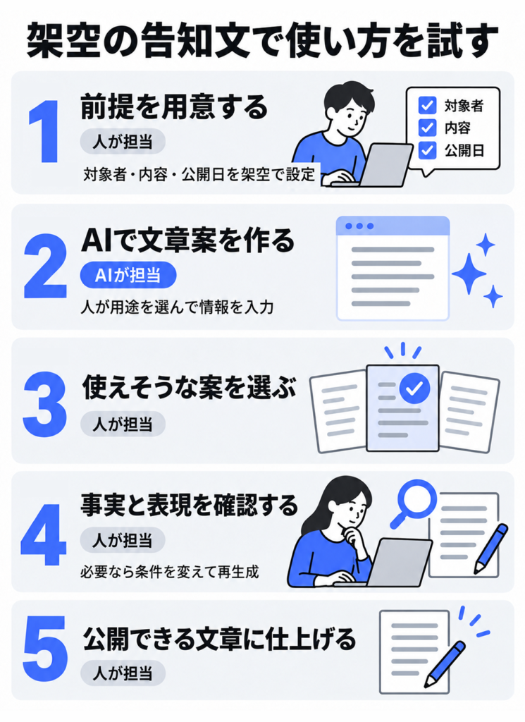 架空の告知文で試す5段階の流れ。人が対象者・内容・公開日を設定し、AIで文章案を生成。人が案を選び、事実と表現を確認して、公開できる文章に仕上げる。