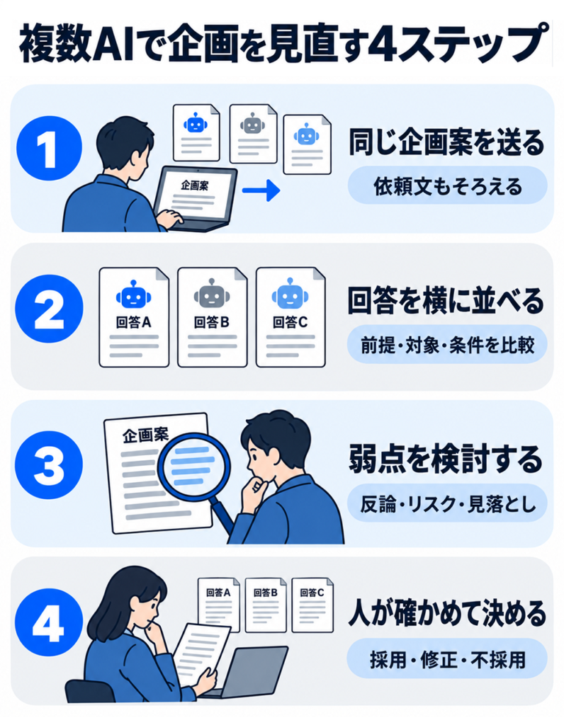 複数AIで企画を見直す4ステップ。同じ企画案を送り、回答の前提・対象・条件を比較し、反論・リスク・見落としを検討したうえで、人が採用・修正・不採用を決める。