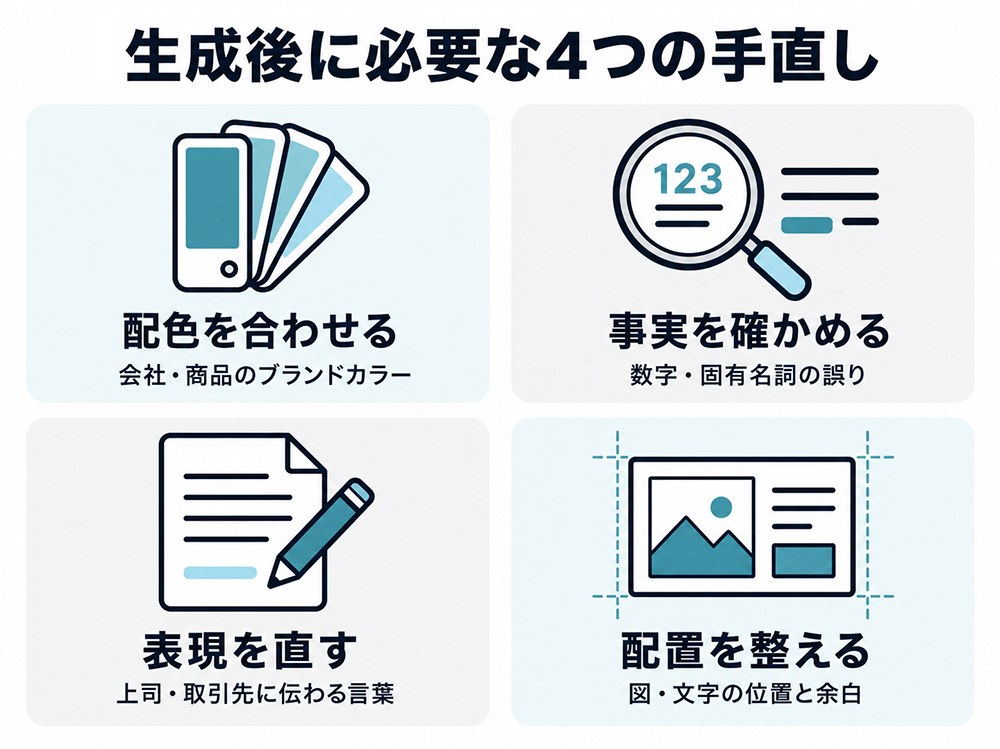 生成後に必要な手直しとして、配色を合わせる、事実を確かめる、表現を直す、図・文字の配置を整える4項目を示す図。