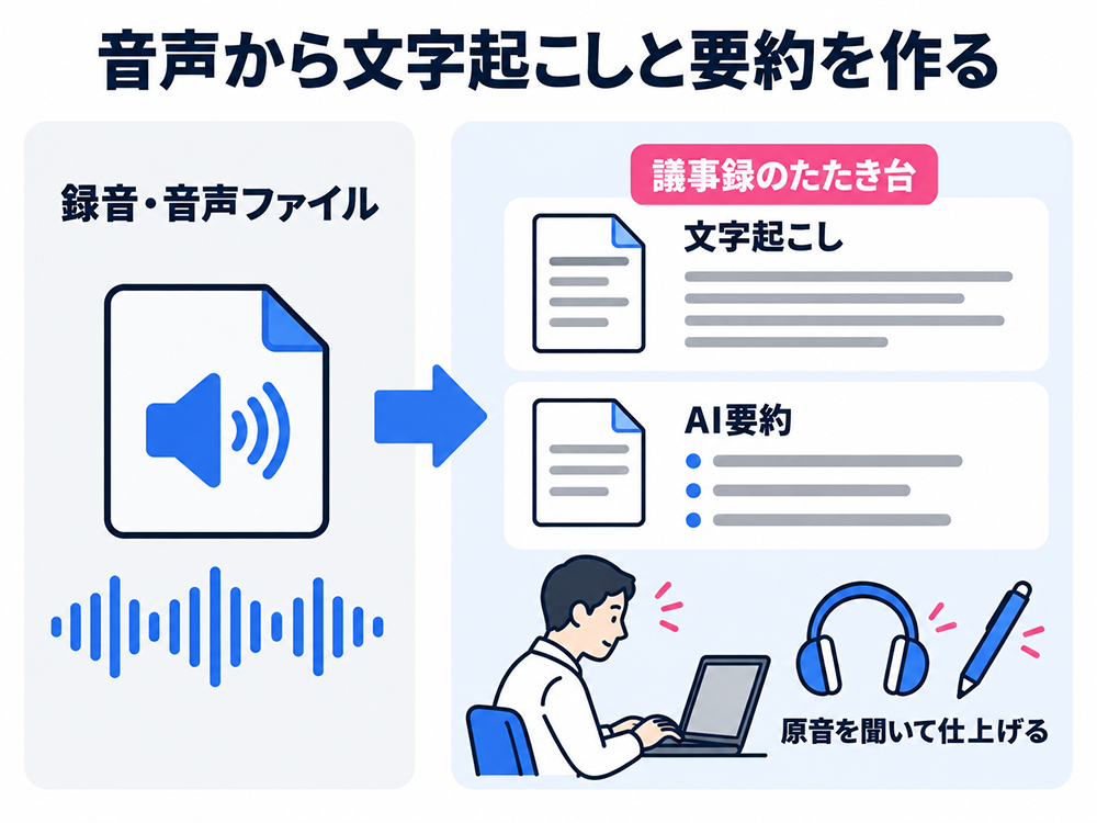 録音や音声ファイルから文字起こしとAI要約を作り、議事録のたたき台として原音を聞きながら仕上げる流れ。
