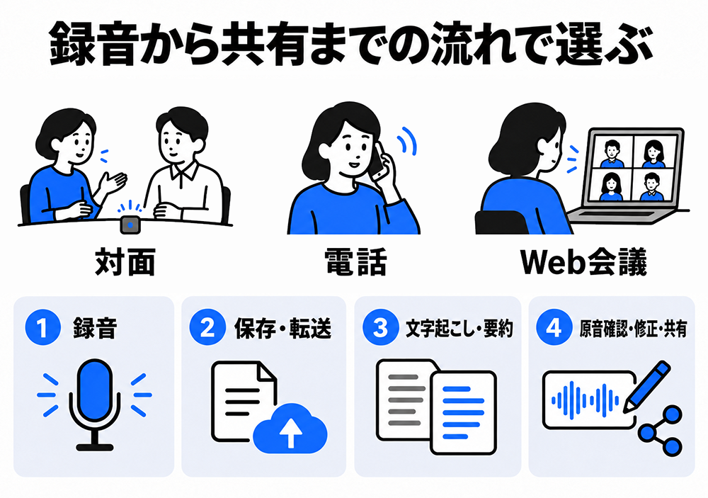 対面・電話・Web会議の録音から共有までの流れ。録音、保存・転送、文字起こし・要約、原音確認・修正・共有の4段階を確認してAIボイスレコーダーを選ぶ。