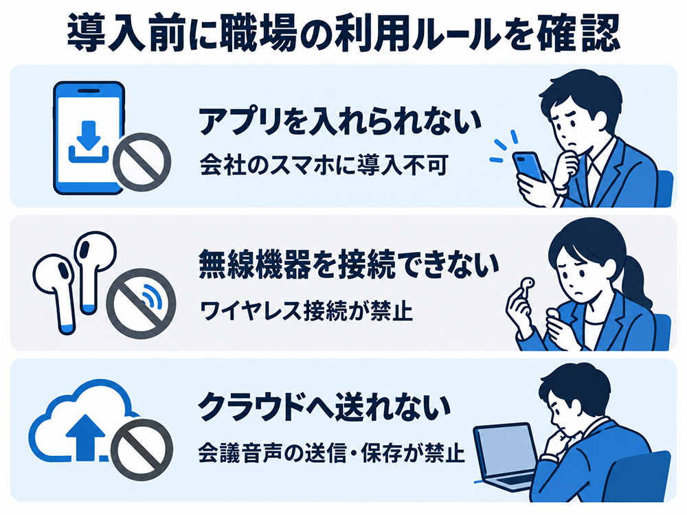ZENCHORD1導入前に確認する職場のルール。会社のスマホへのアプリ導入、無線機器の接続、会議音声のクラウドへの送信・保存が許可されているかを確認する。