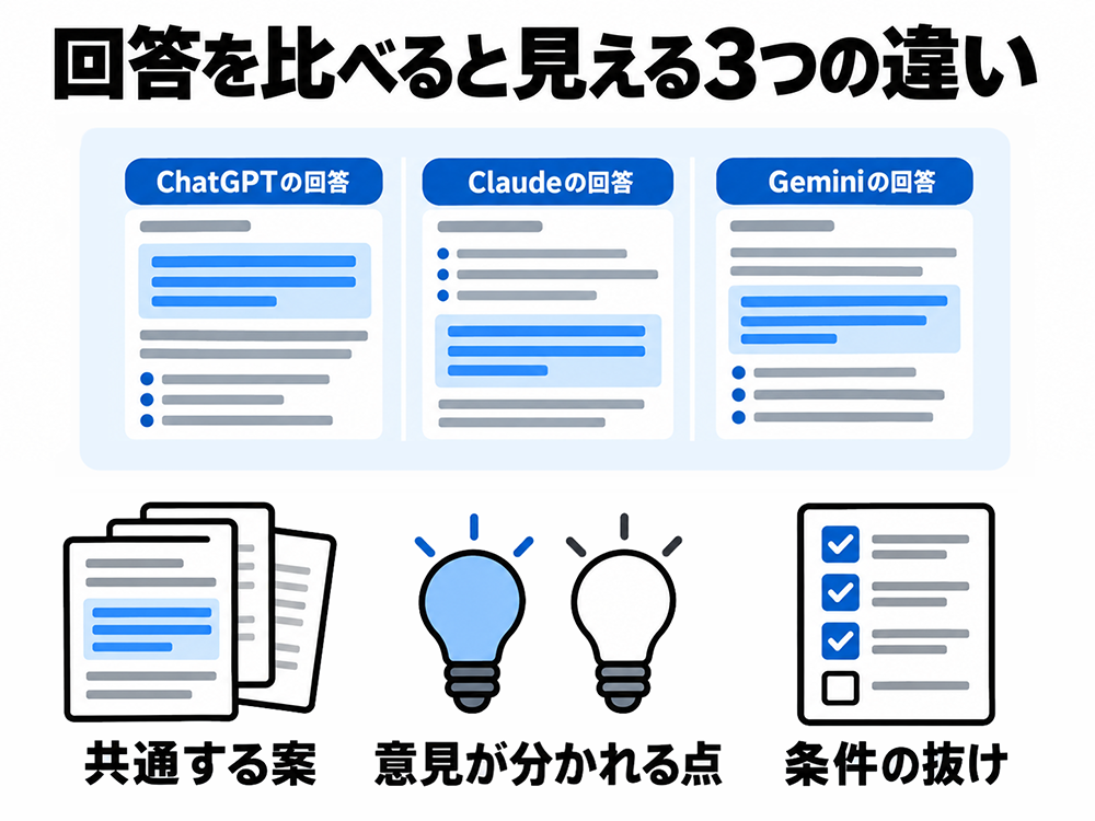 ChatGPT・Claude・Geminiの回答を比較すると、共通する案・意見が分かれる点・条件の抜けを確認できる。