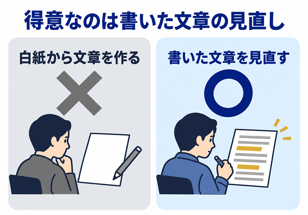 文賢が得意なのは、白紙から文章を作ることよりも、すでに書いた文章を見直して整えること。