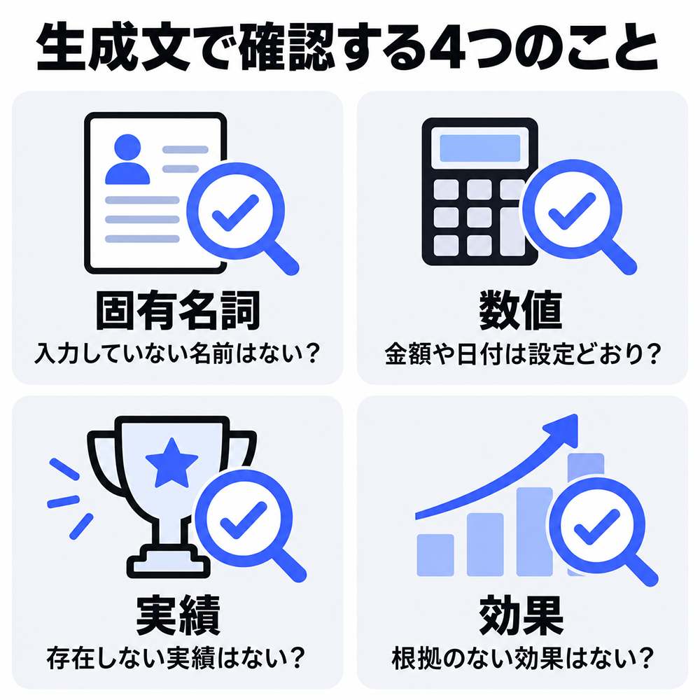AIの生成文で確認する4項目。入力していない固有名詞、設定と異なる金額や日付、存在しない実績、根拠のない効果が含まれていないかを確かめる。